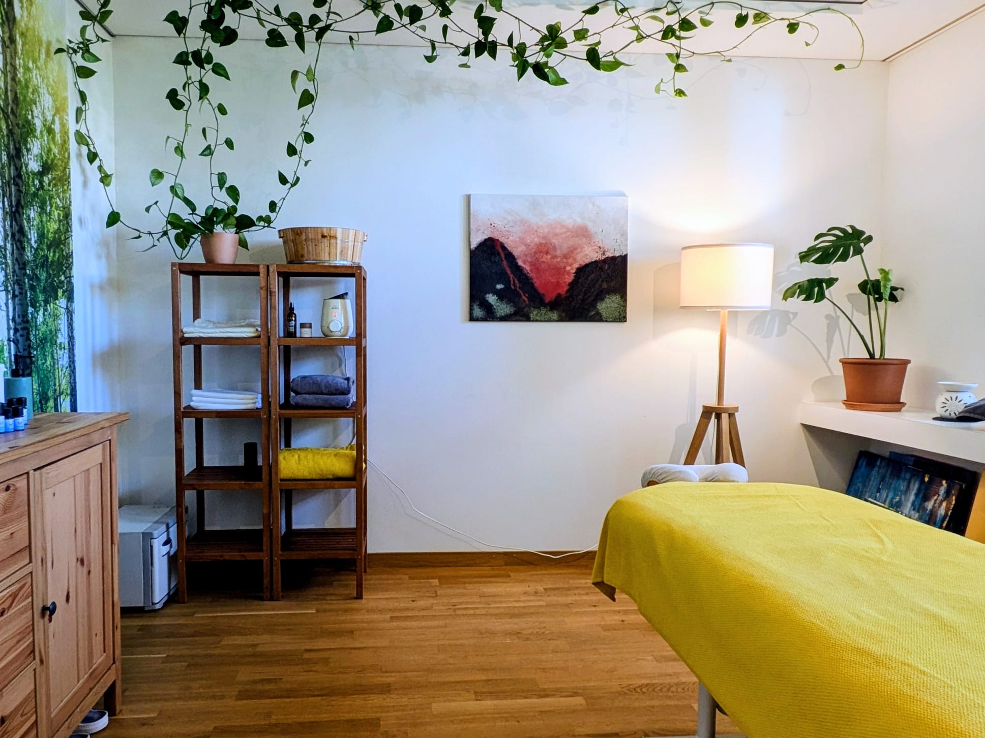 Behandlungsraum der Massagepraxis Massage Arve in Bern Weissenbühl mit Massageliege, Regal und Stehlampe